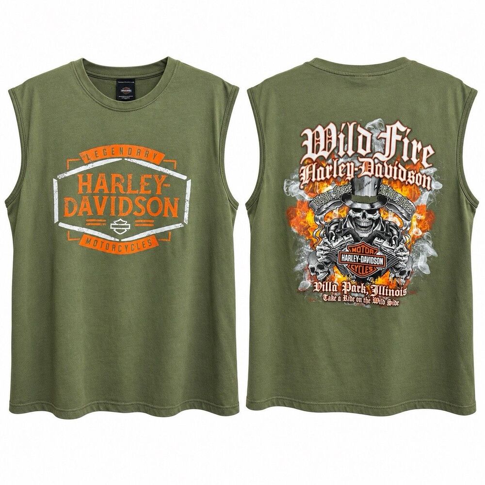 Harley-Davidson Wild Fire Skull Tank Villa Park IL Double-Sided Biker Men's 2XL